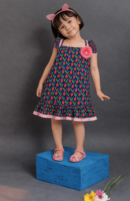 Girls Cotton Cornblue Dress Navy & Pink – Stylish Outfit for Kids - Image 5