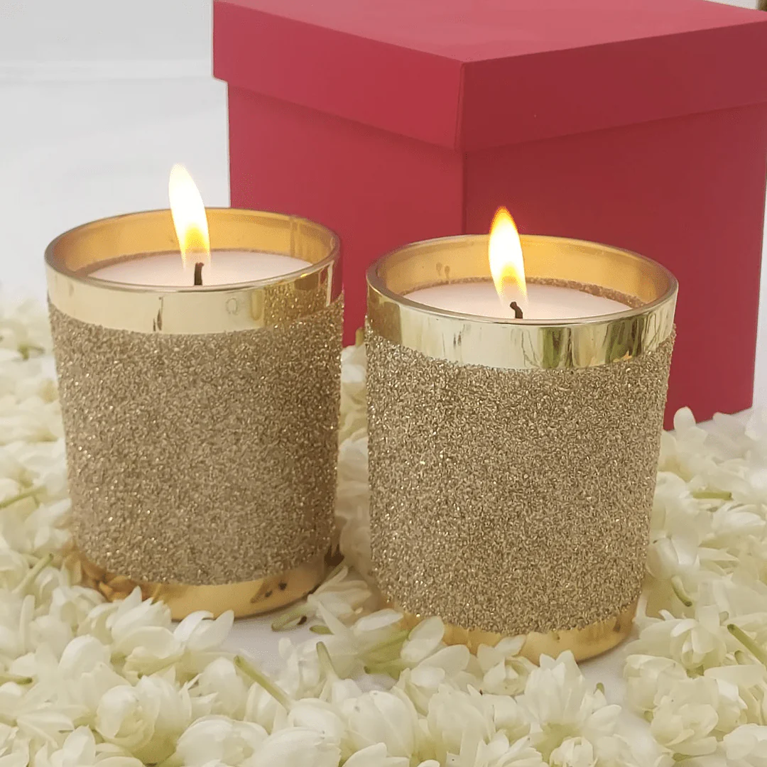 Golden Glass Candles with Shimmer Finish-Set of 2