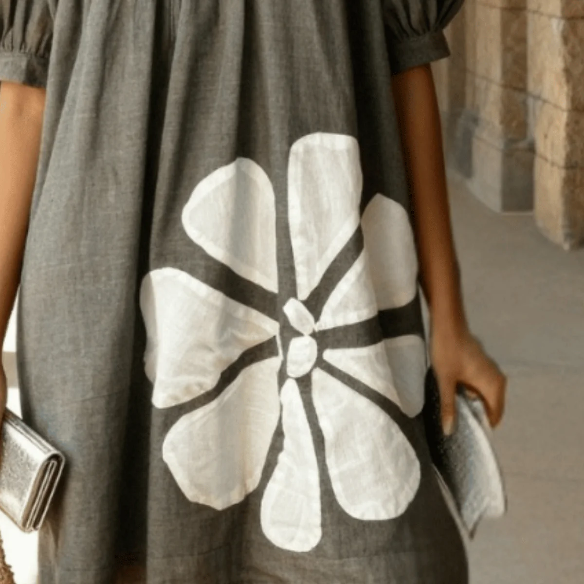 Grey Handwoven Mangalgiri Fabric With Handmade Flower Patchwork - Image 2