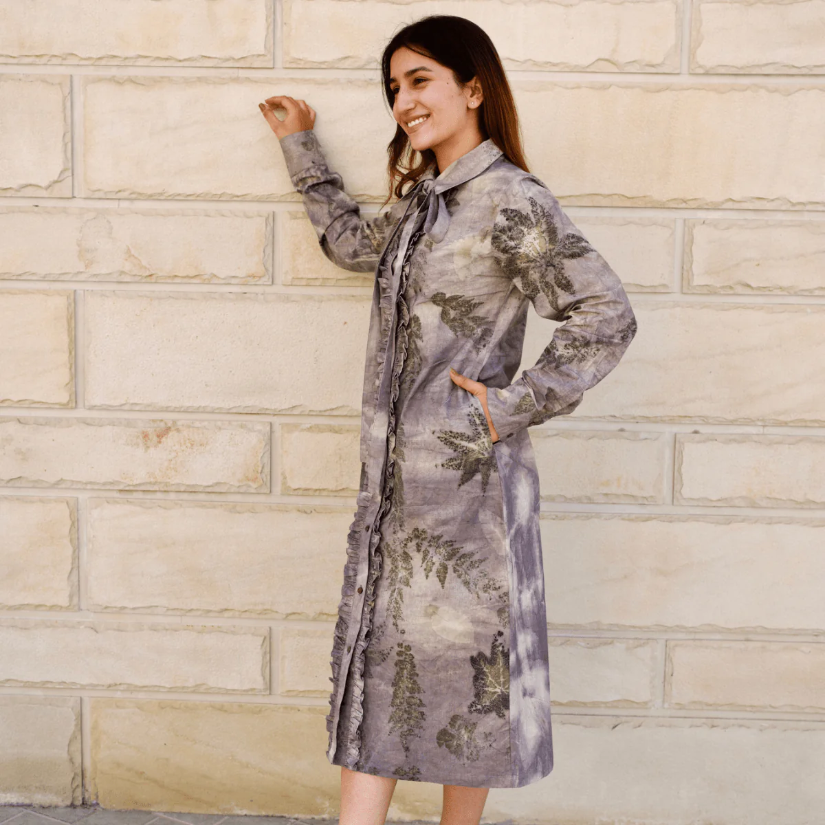 Greywood Tie-Neck Eco-Printed Shirt Dress for Women
