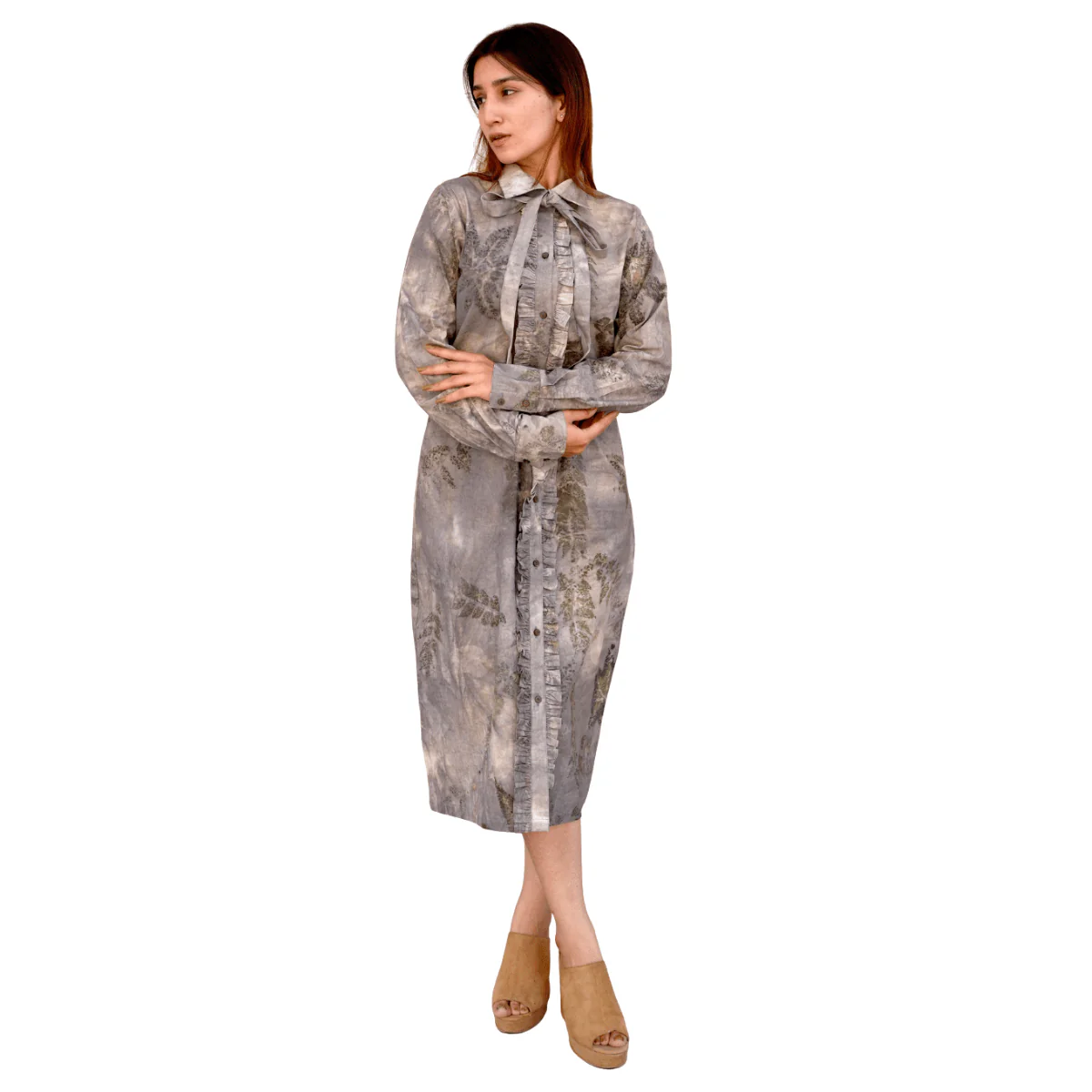 Greywood Tie-Neck Eco-Printed Shirt Dress for Women - Image 2