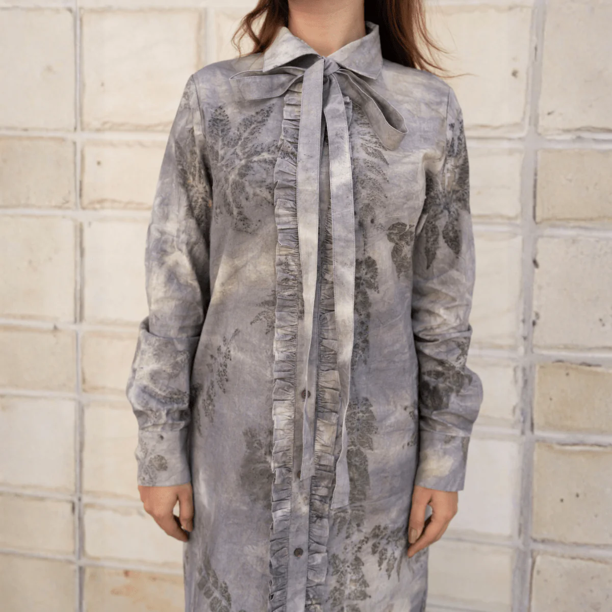 Greywood Tie-Neck Eco-Printed Shirt Dress for Women - Image 3