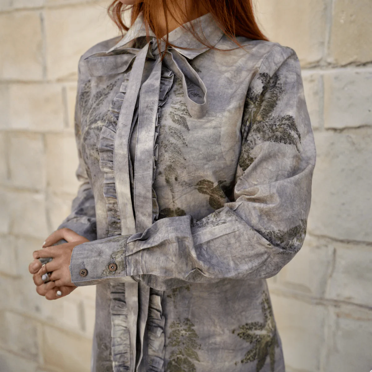 Greywood Tie-Neck Eco-Printed Shirt Dress for Women - Image 5
