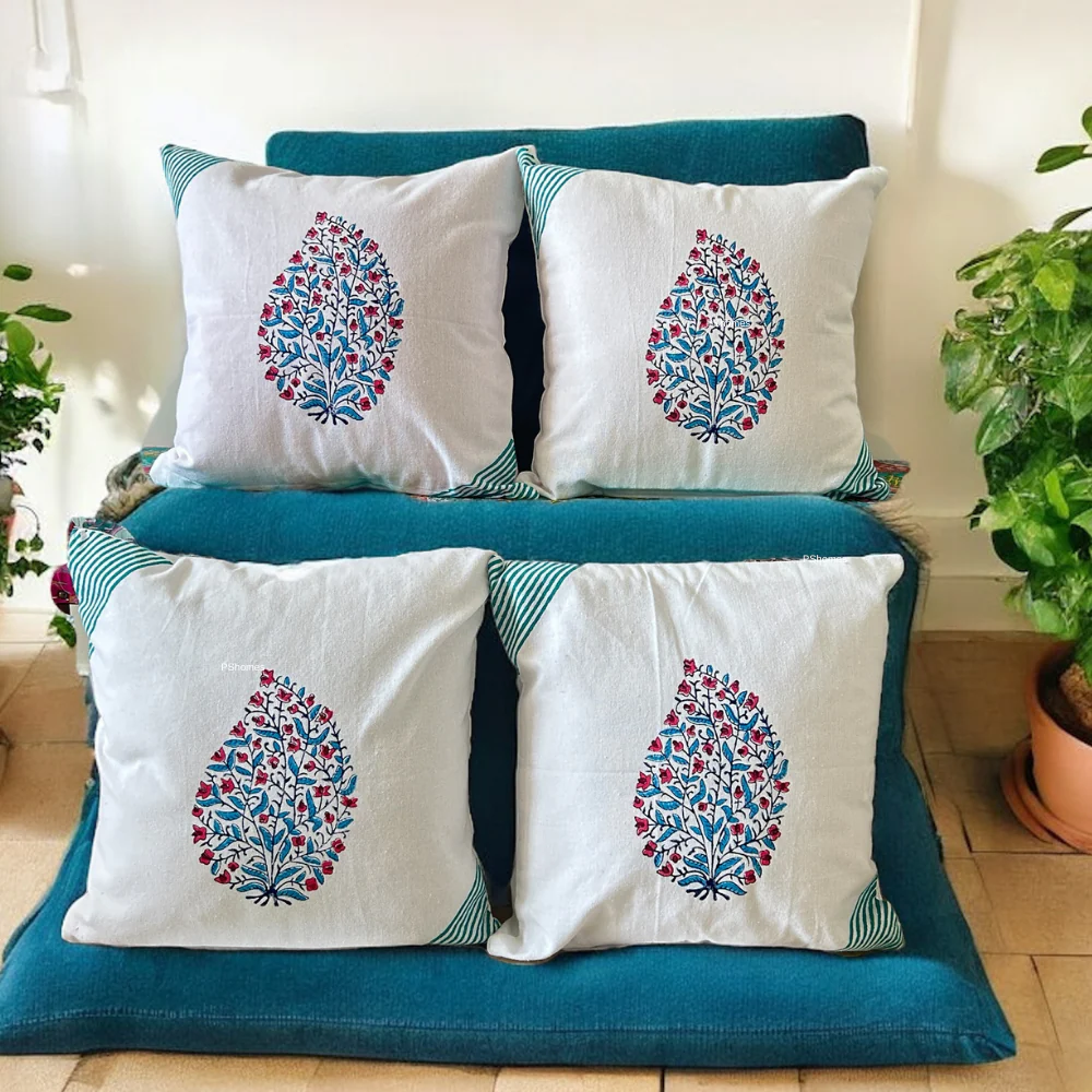 Handblock Motif Cotton Cushion Covers with Zipper - Set of 4 - Image 2