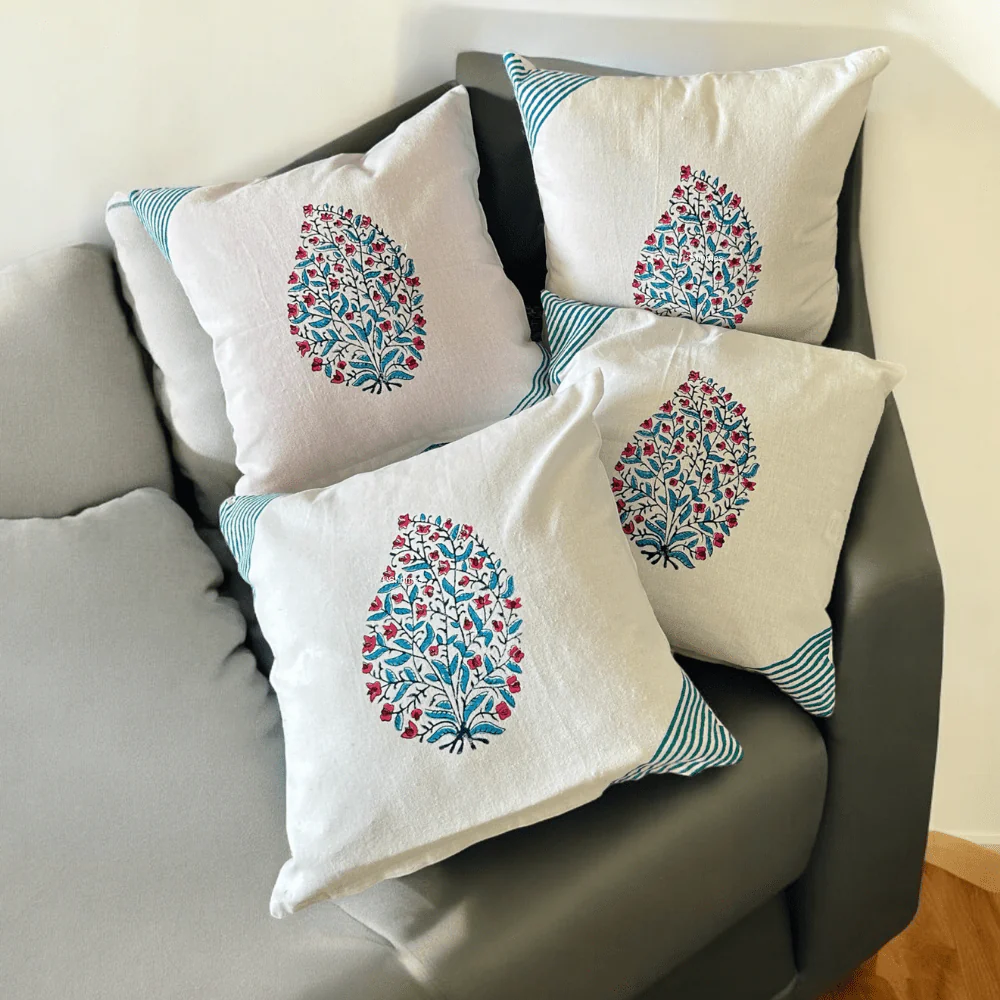 Handblock Motif Cotton Cushion Covers with Zipper - Set of 4 - Image 3