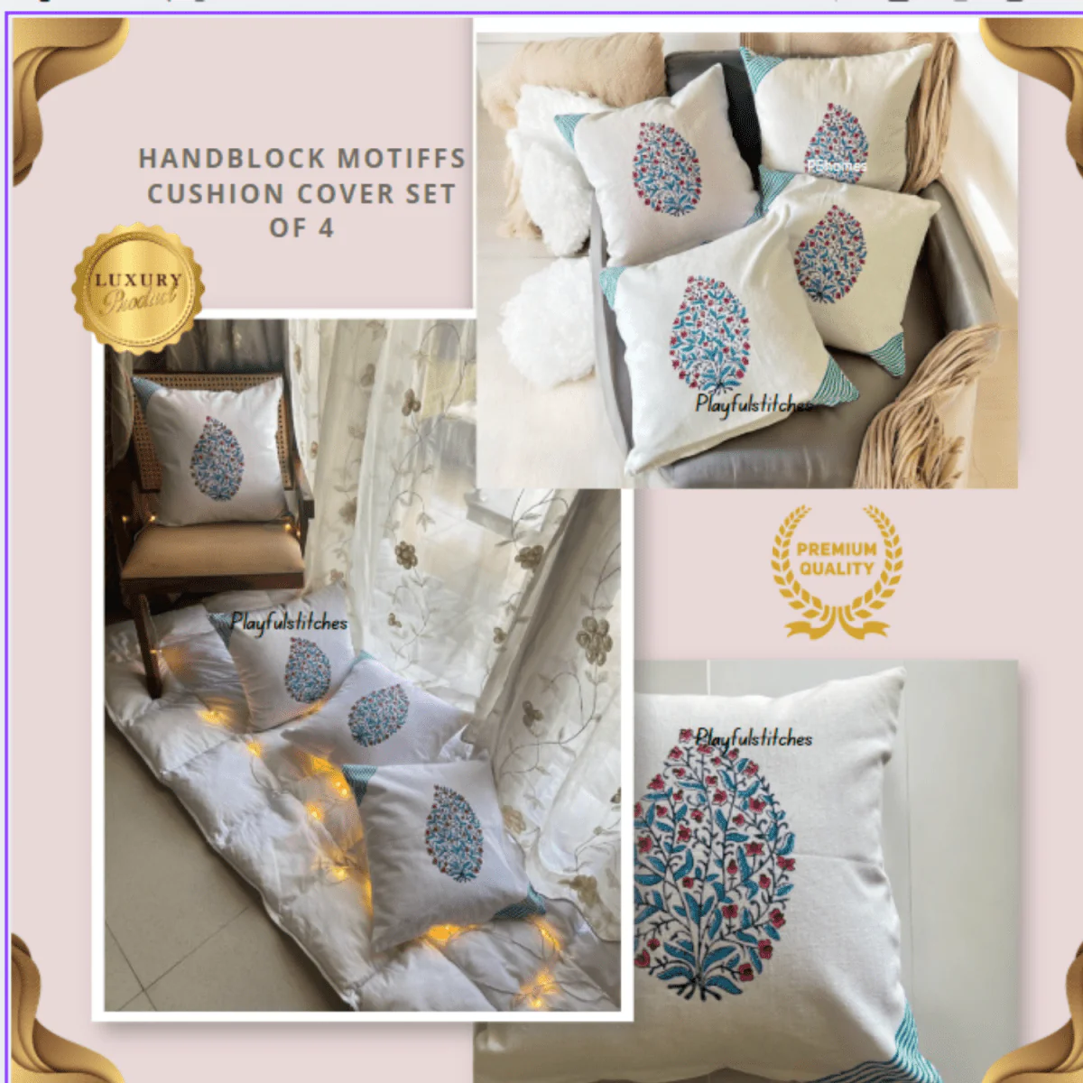 Handblock Motif Cotton Cushion Covers with Zipper - Set of 4 - Image 5