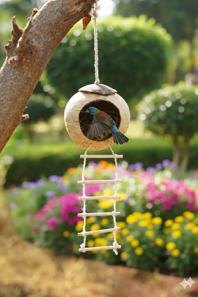 Handcrafted Coconut Shell Bird House with Ladder | Bird's Nest Cage - Image 3