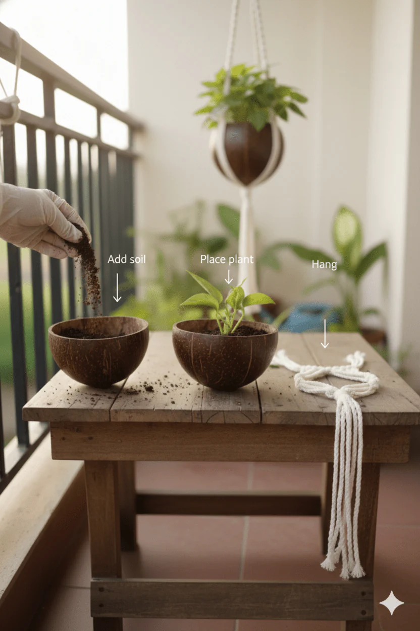 Handcrafted Coconut Shell Plant Hanger | Cotton Rope Hanging Planter - Image 4