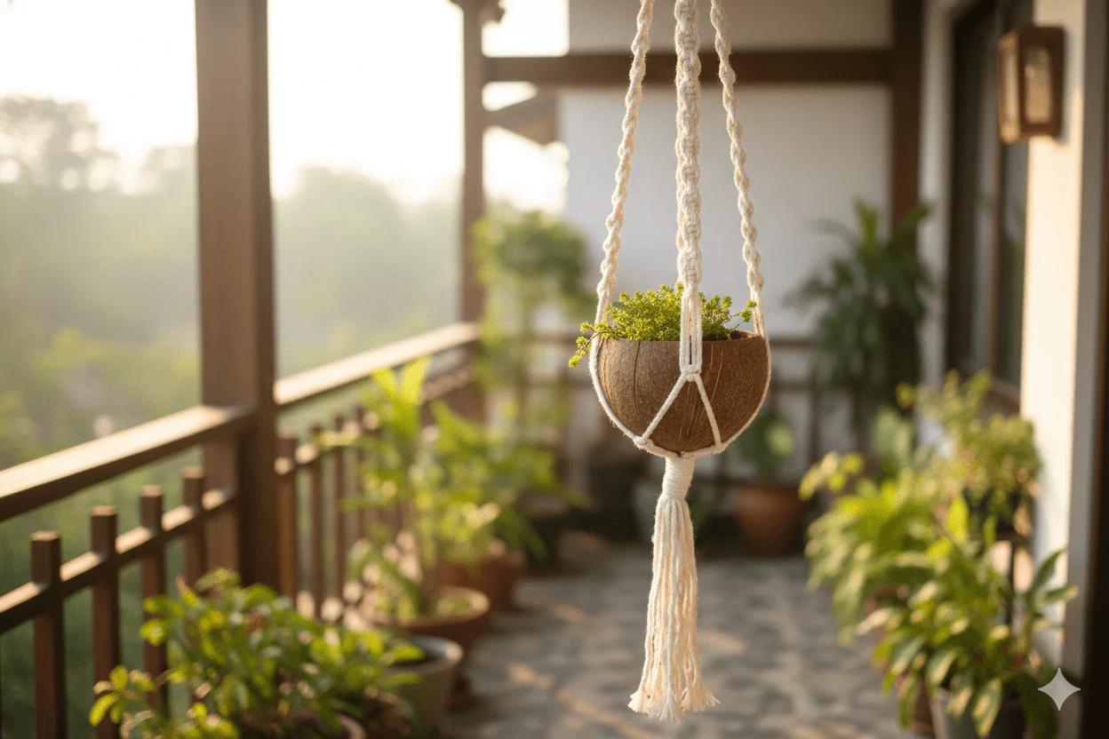 Handcrafted Coconut Shell Plant Hanger | Cotton Rope Hanging Planter - Image 5