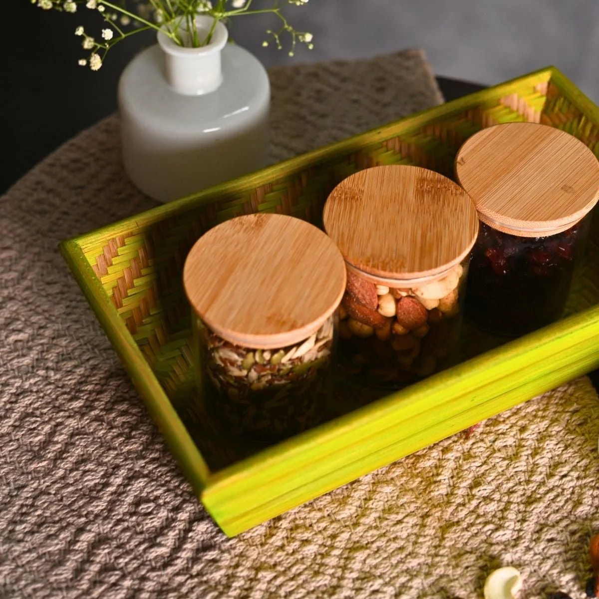 Handmade Bamboo Rectangular Basket - Green - Image 2