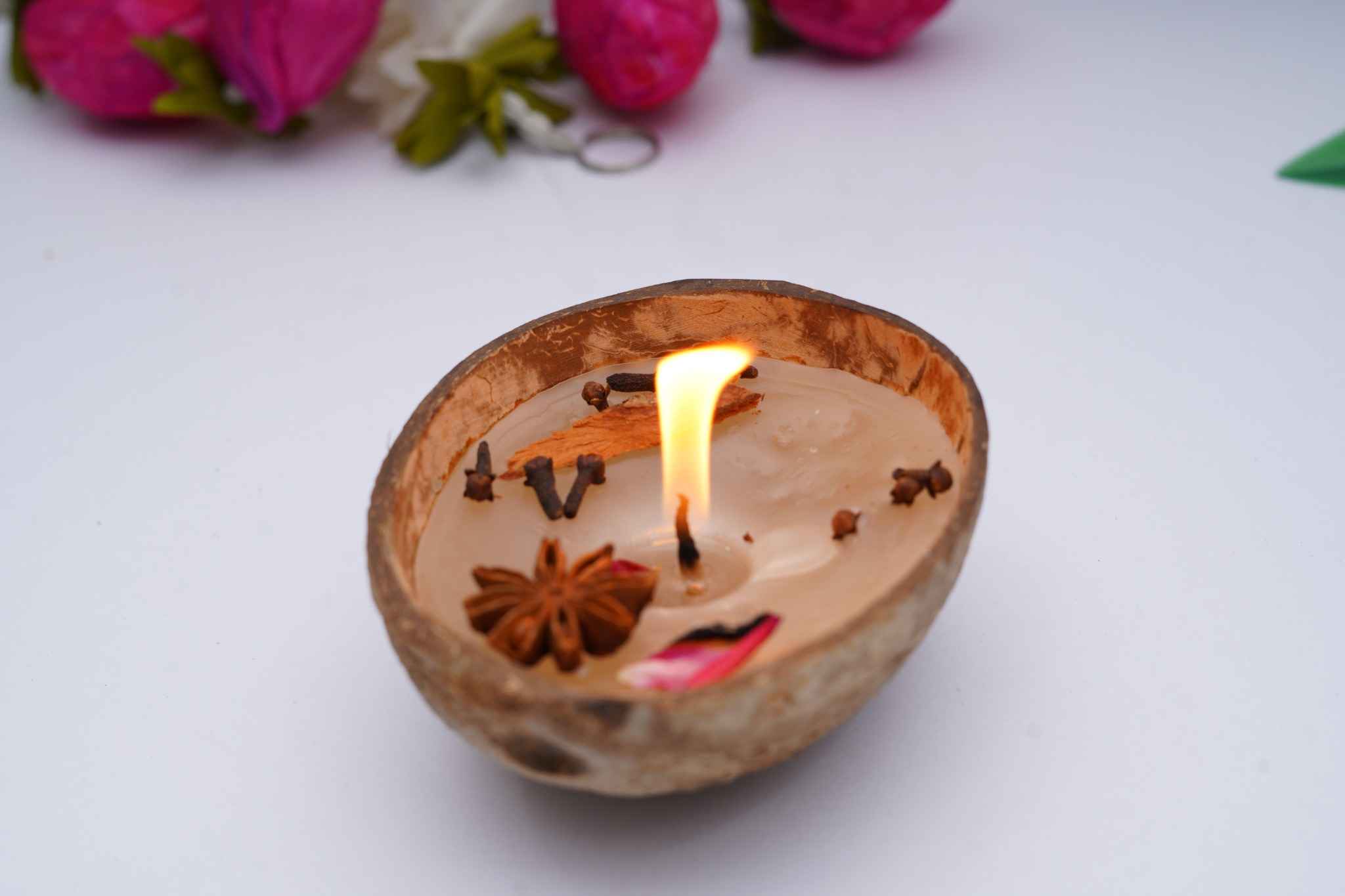 Handmade Coconut Shell Aroma Candle with Spices – Eco-Friendly Décor - Image 2