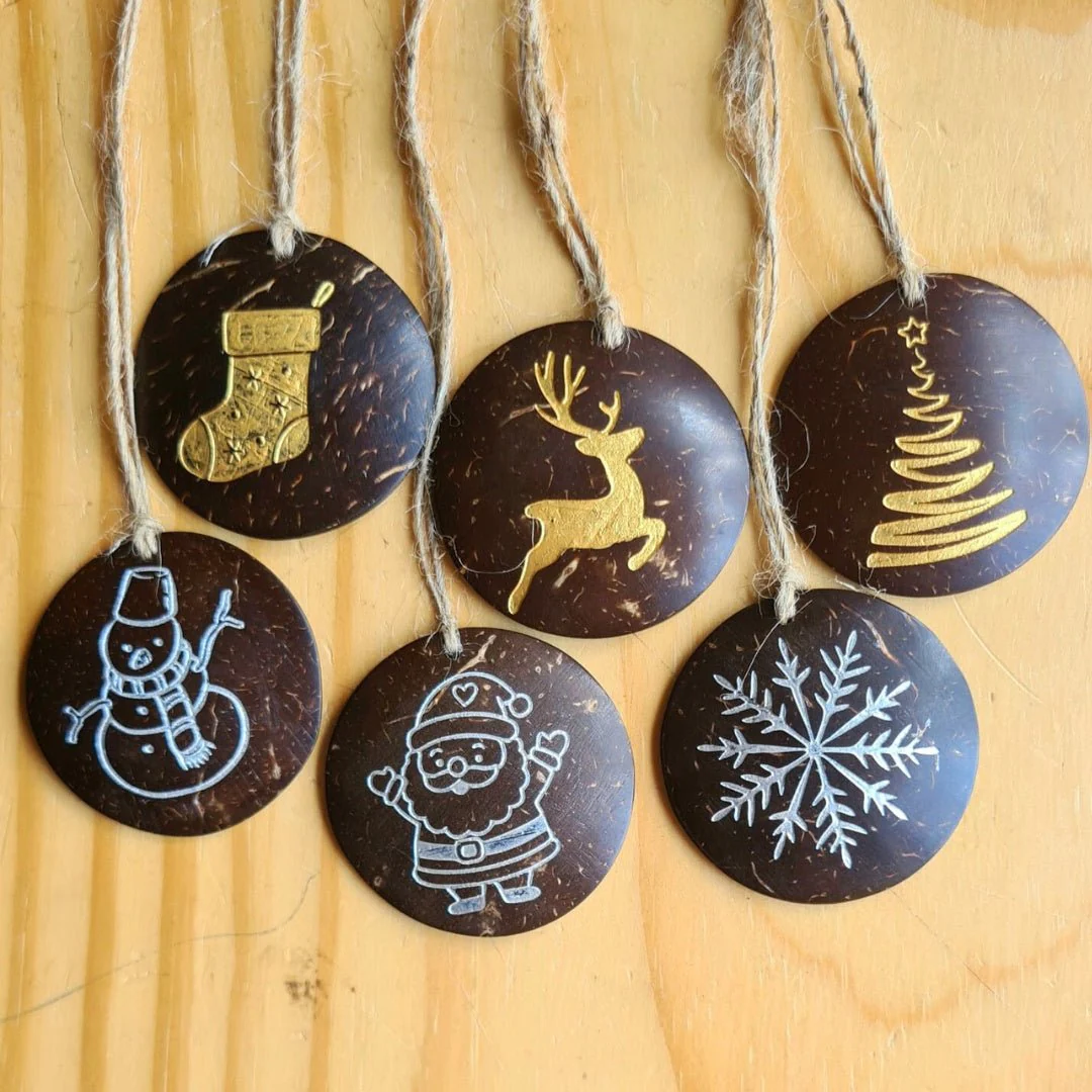Handmade Coconut Shell Christmas Hangings (Set of 6)
