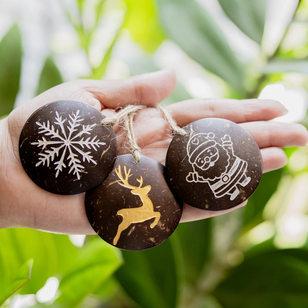 Handmade Coconut Shell Christmas Hangings (Set of 6) - Image 2