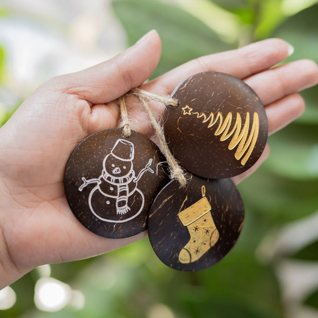 Handmade Coconut Shell Christmas Hangings (Set of 6) - Image 3