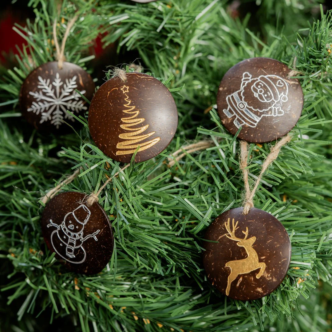 Handmade Coconut Shell Christmas Hangings (Set of 6) - Image 4