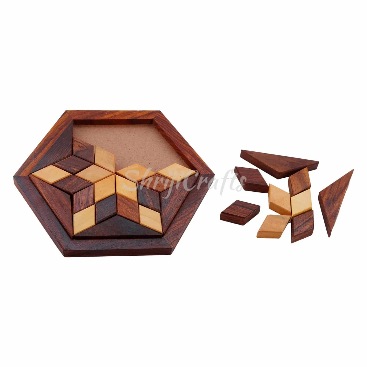 Handmade Hexagonal Wood Tangram Puzzle Game (6-inch by 6-inch) - Image 2