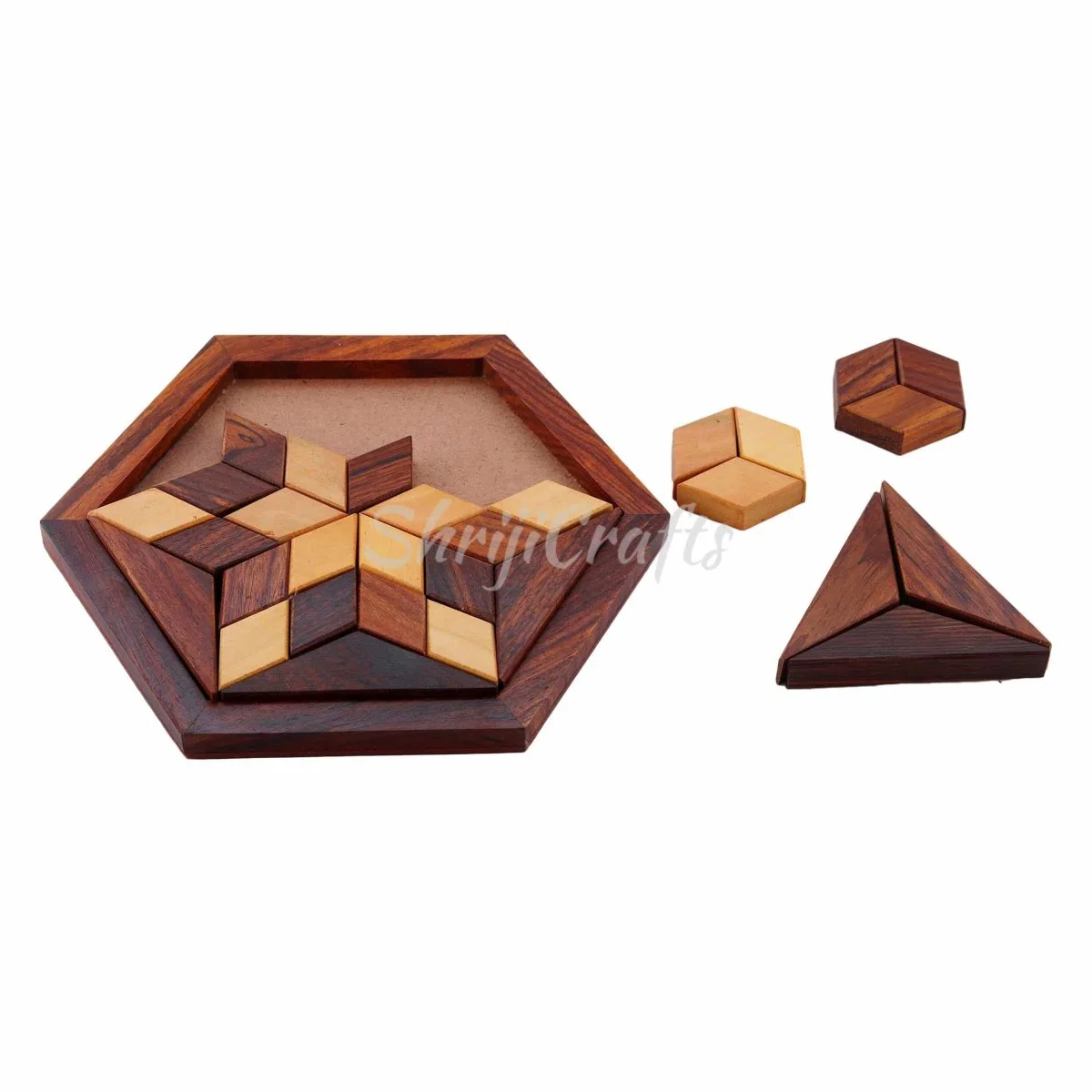 Handmade Hexagonal Wood Tangram Puzzle Game (6-inch by 6-inch) - Image 3