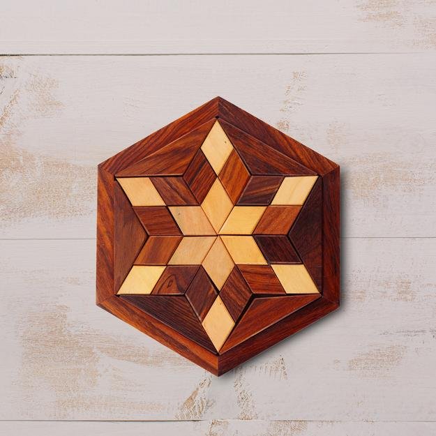 Handmade Hexagonal Wood Tangram Puzzle Game (6-inch by 6-inch) - Image 5