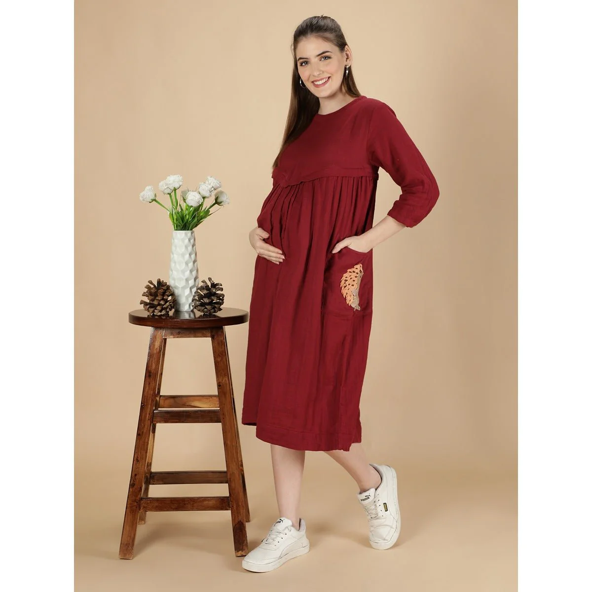 Red Hopping Hedgehog Dress Mama | Cotton Maternity Dress - Image 2