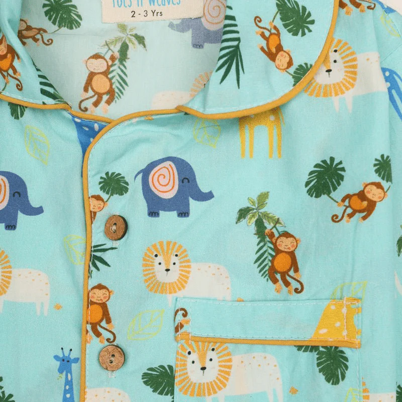 100% Cotton Jungle Jammies Kids Collar Night Suit Set - Image 6