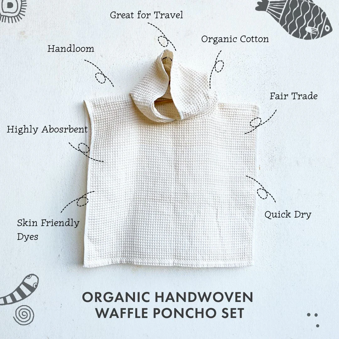 Kids Organic Cotton Waffle Hooded Poncho Towel Set - Image 3