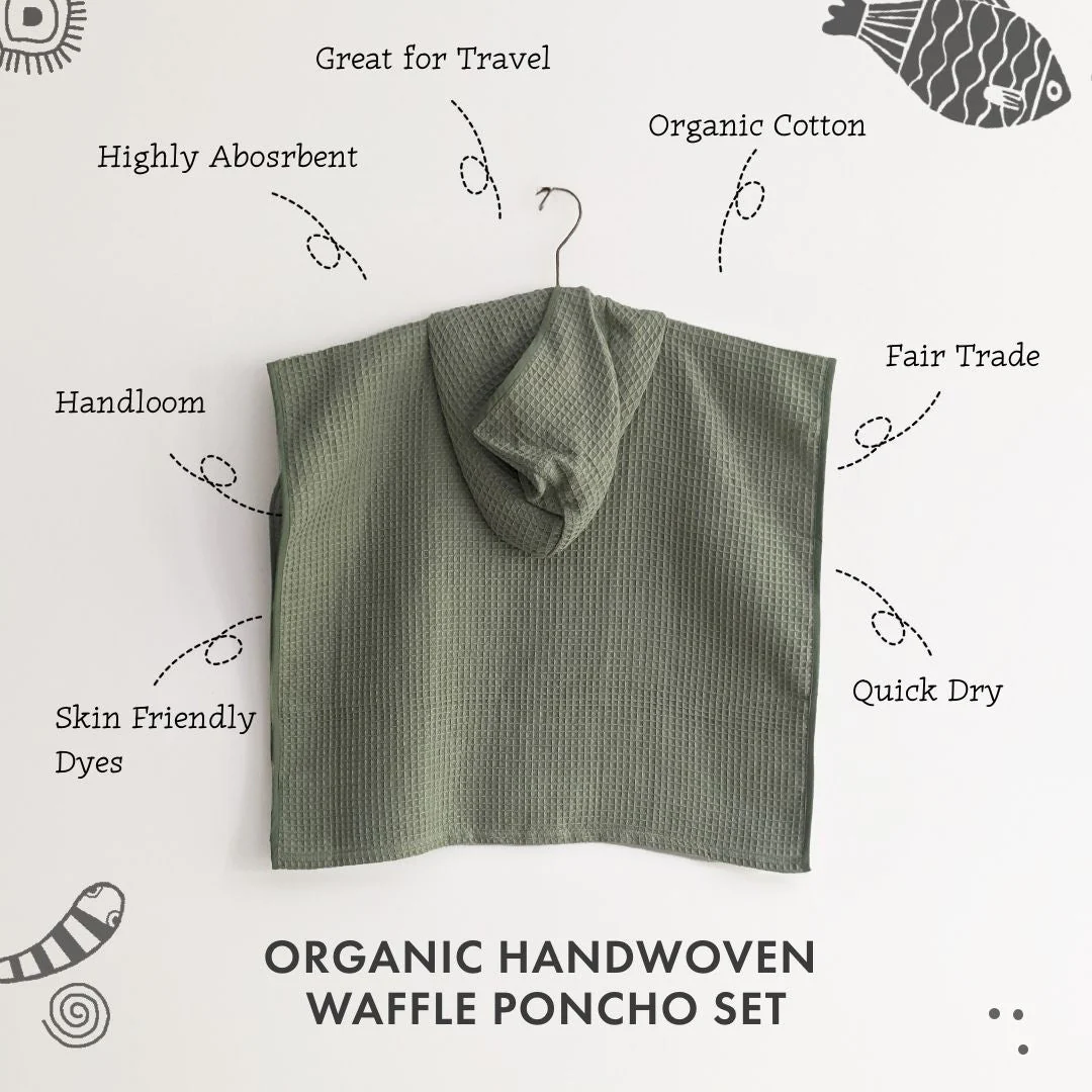 Kids Organic Cotton Waffle Hooded Poncho Towel Set - Image 4