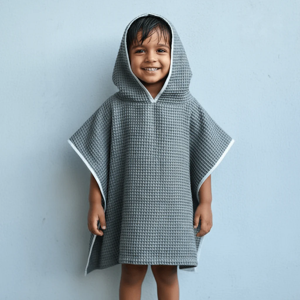Kids Organic Cotton Waffle Hooded Poncho Towel Set - Image 5