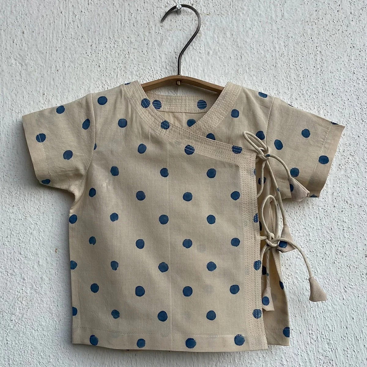 Kids Unisex Organic Cotton Indigo Beige Polka Angrakha and Polka Pants - Image 2
