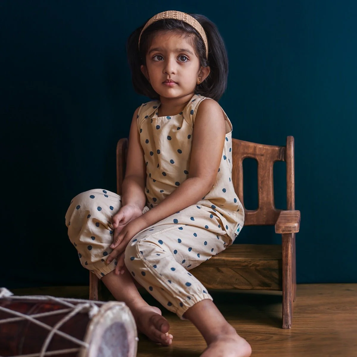 Kids Unisex Organic Cotton Indigo Beige Polka Jhabla with Polka Pants - Image 2