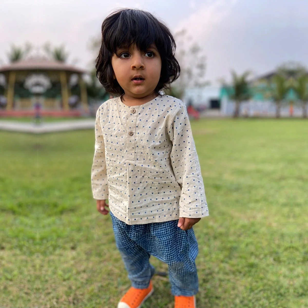 Kids Unisex Organic Cotton - Indigo Raidana Kurta with Check Pants - Image 3