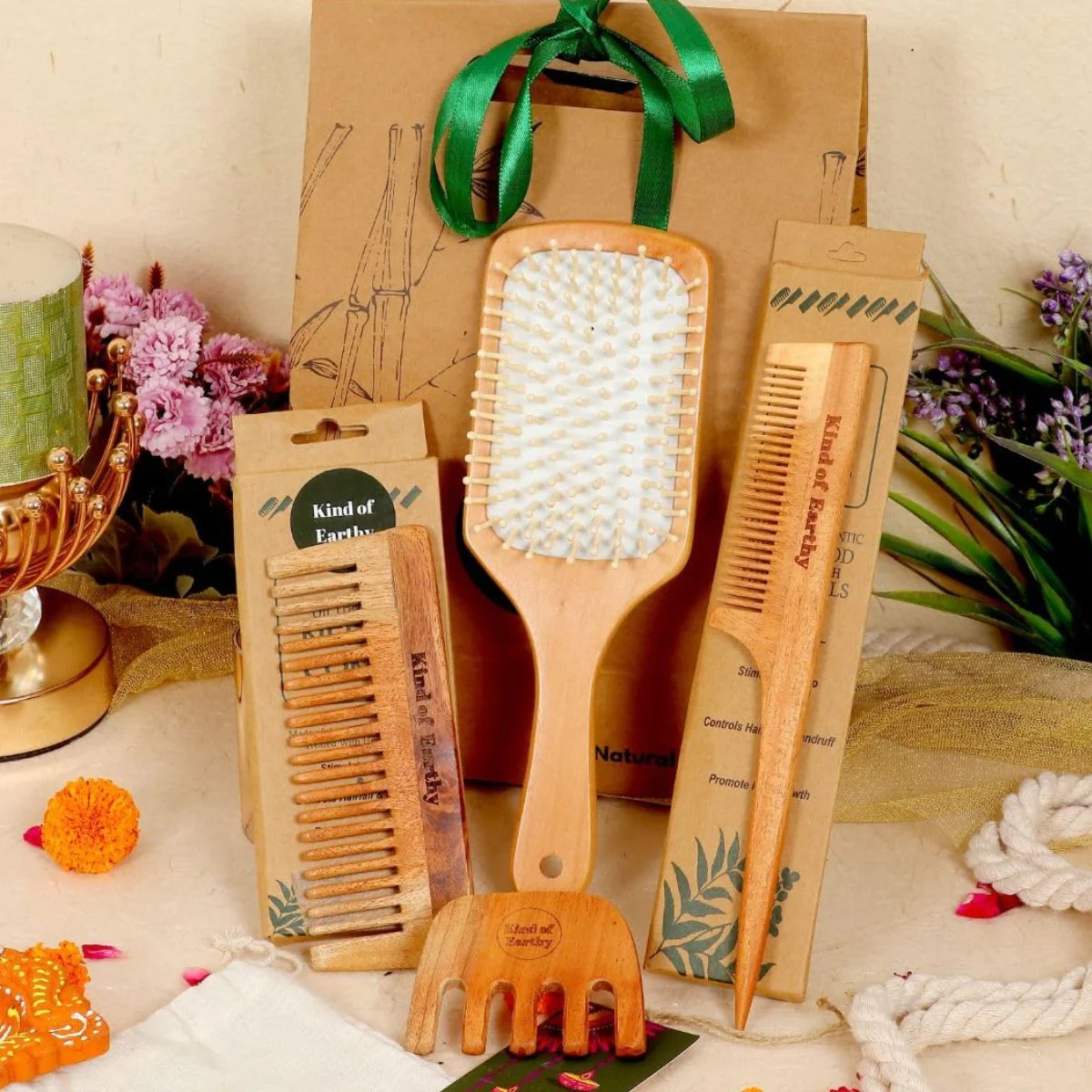 Neem Wood Comb Set & Bamboo Paddle Hairbrush Gift Set