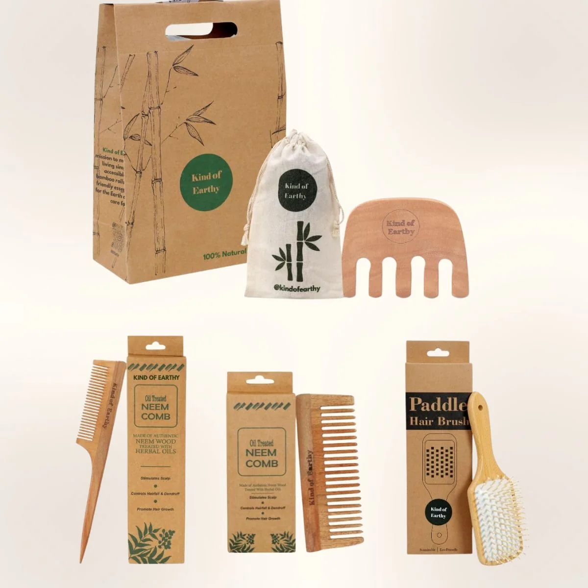 Neem Wood Comb Set & Bamboo Paddle Hairbrush Gift Set - Image 2