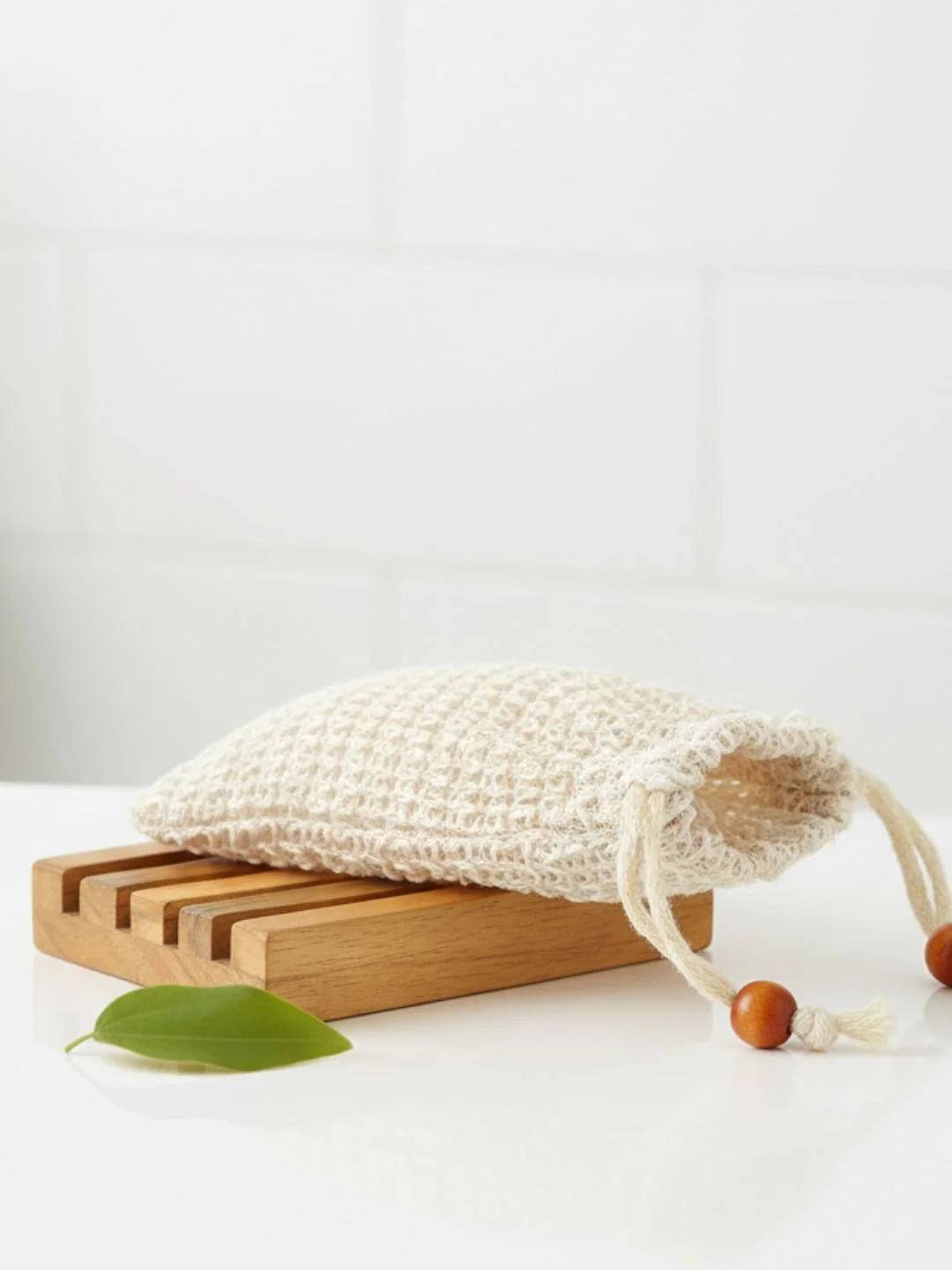 Natural Ramie Soap Saver Pouch & Bamboo Wood Soap Dish