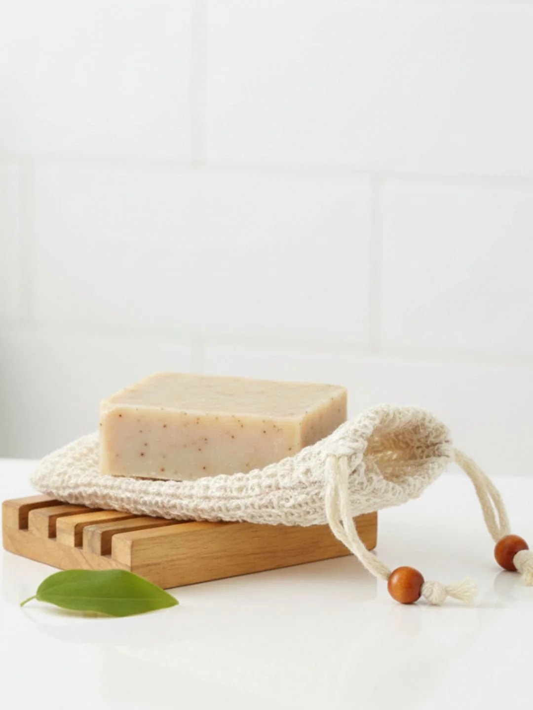 Natural Ramie Soap Saver Pouch & Bamboo Wood Soap Dish - Image 2