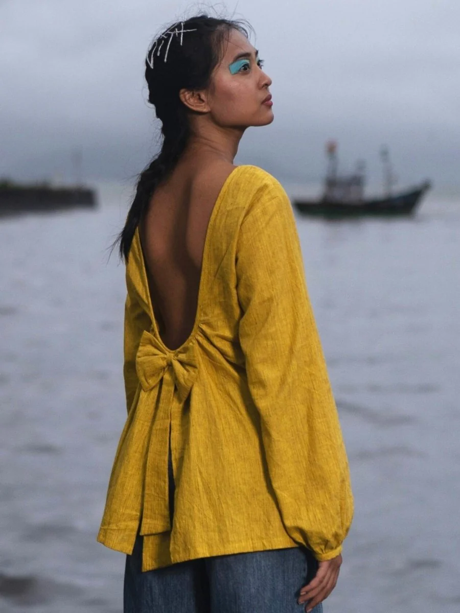 Knot Me Up | Yarn Dyed 100% Cotton | Mustard Yellow Deep Back Top with Bow - Image 3