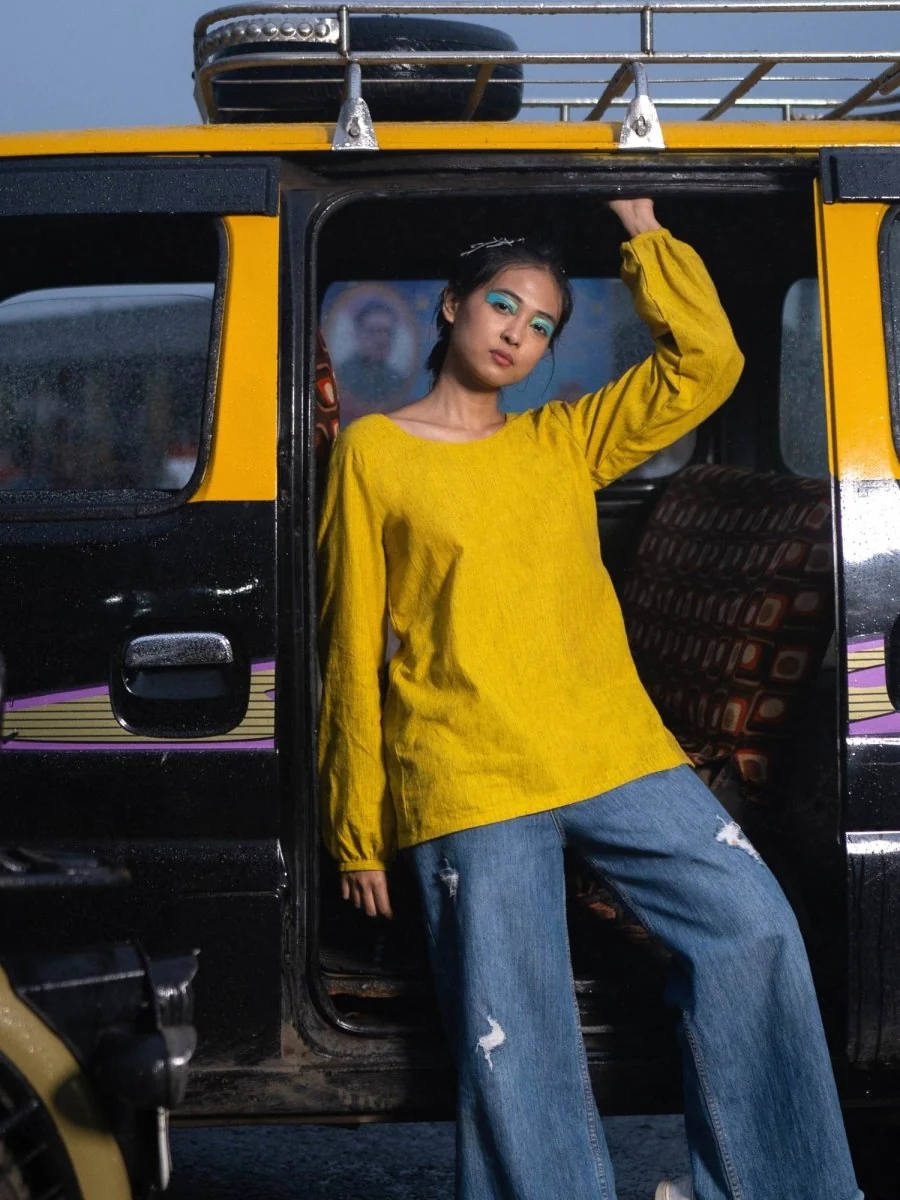 Knot Me Up | Yarn Dyed 100% Cotton | Mustard Yellow Deep Back Top with Bow - Image 4
