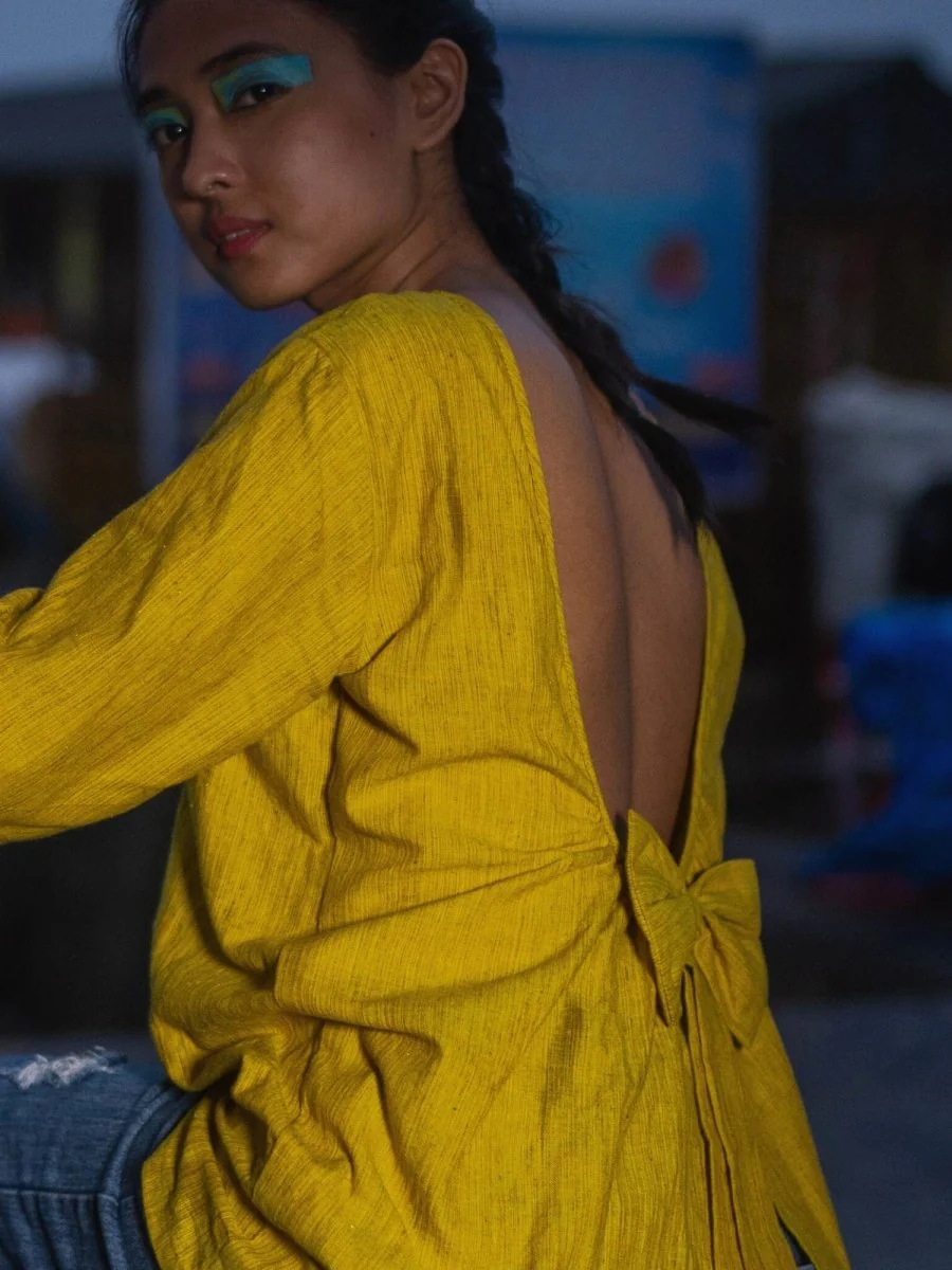 Knot Me Up | Yarn Dyed 100% Cotton | Mustard Yellow Deep Back Top with Bow - Image 7