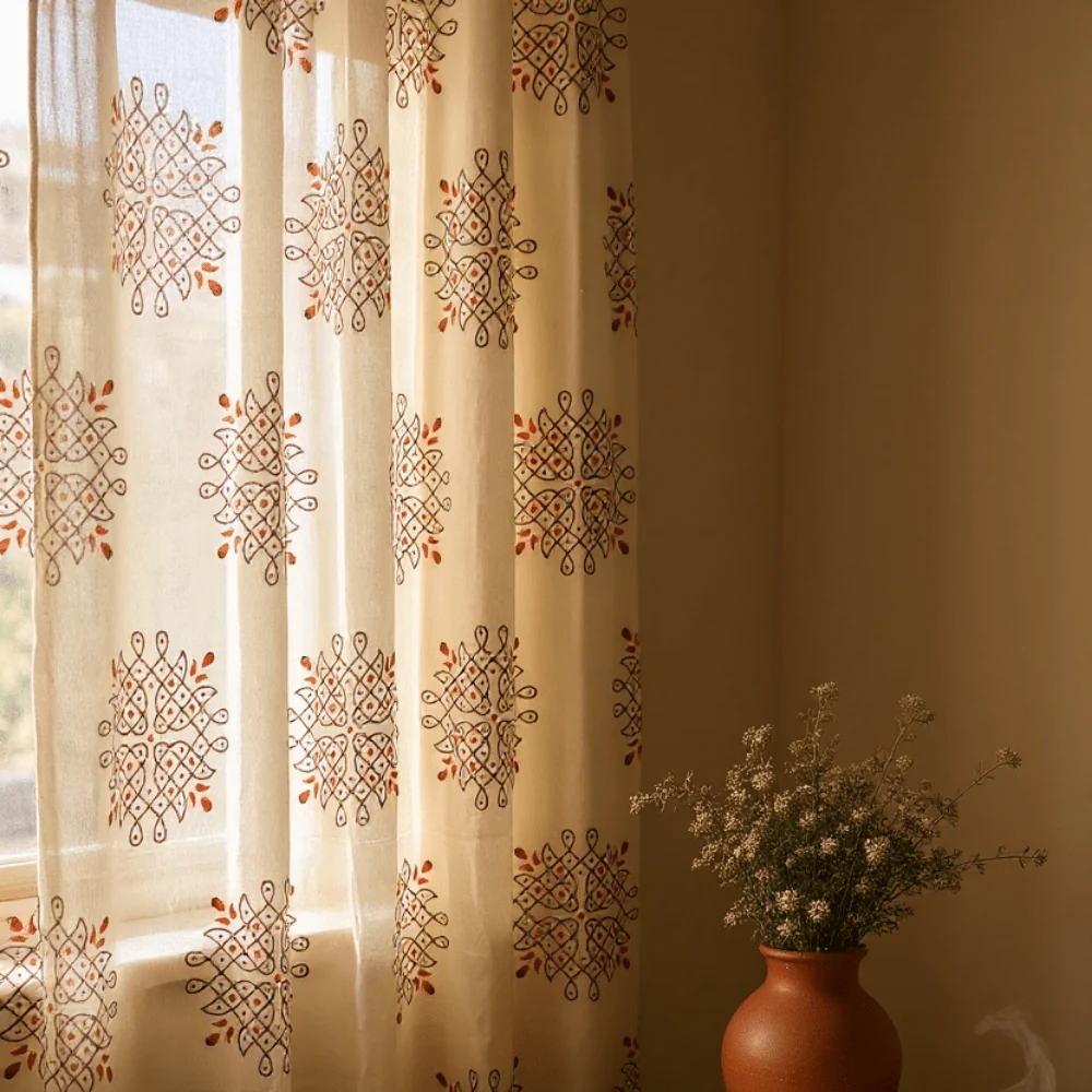 Kolam Print Cotton Door Curtain 7 X 4 ft (Set of 2) - Image 7