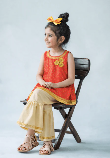Girls cotton silk Kurta with linen gharara set for Kids - Image 7