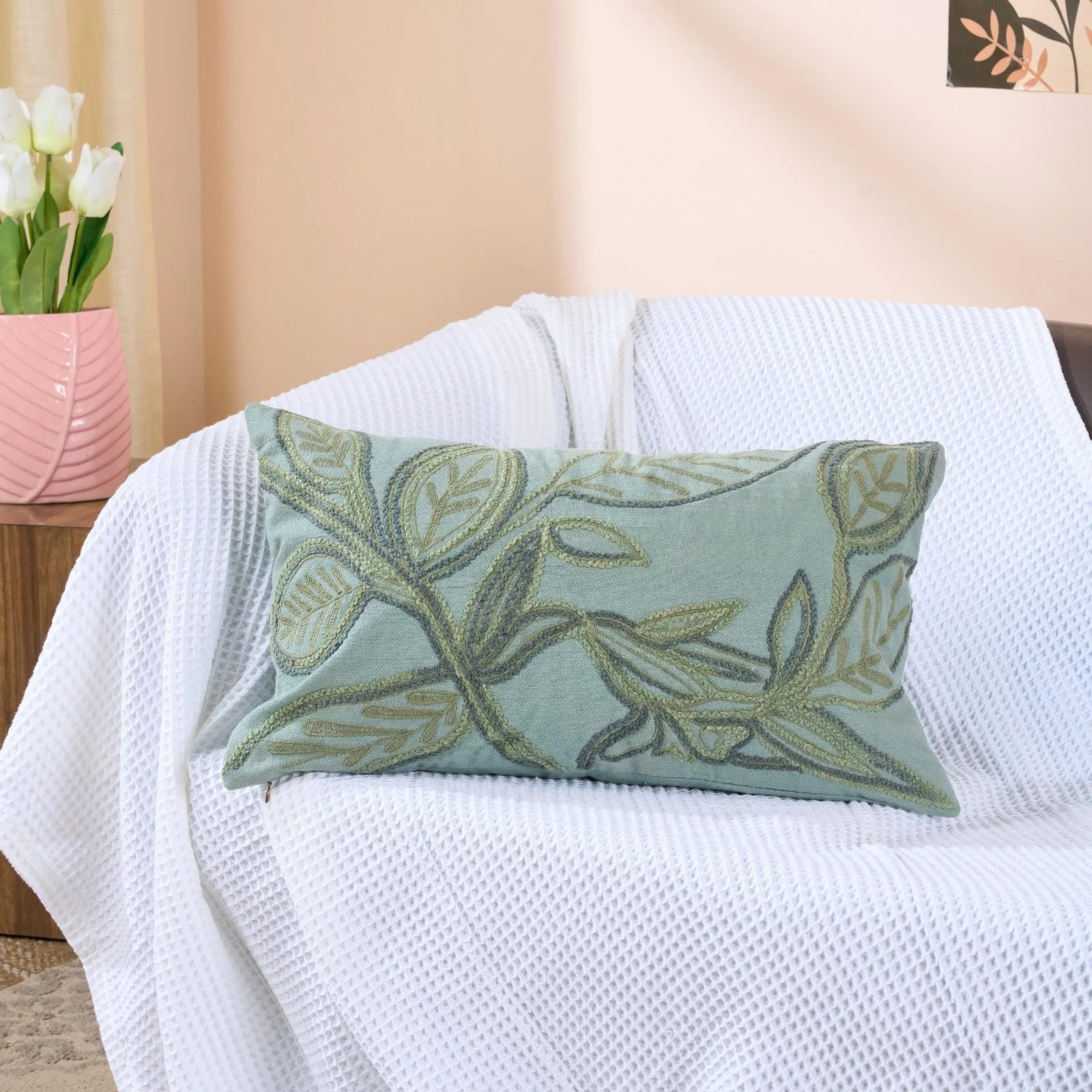Leafy Garden Tulip Cushion | Botanical Floral Decorative Cushion