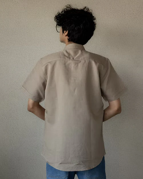 Beige Linen Cotton Classic Half-Sleeved Shirt for Men - Image 2