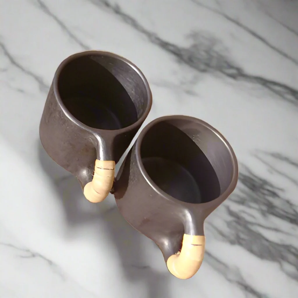 Longpi Black Pottery Coffee Mug Small - Round - Set of 2 - Image 2