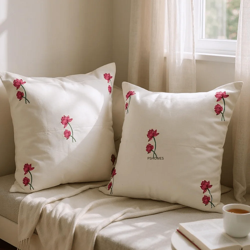 Lotus Handblock Cotton Cushion Covers with Zipper- Set of 4