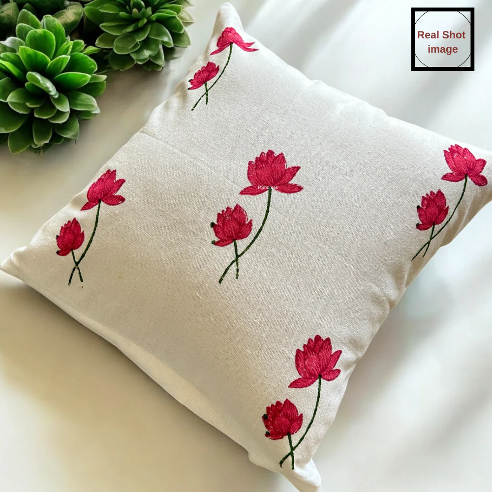 Lotus Handblock Cotton Cushion Covers with Zipper- Set of 4 - Image 3
