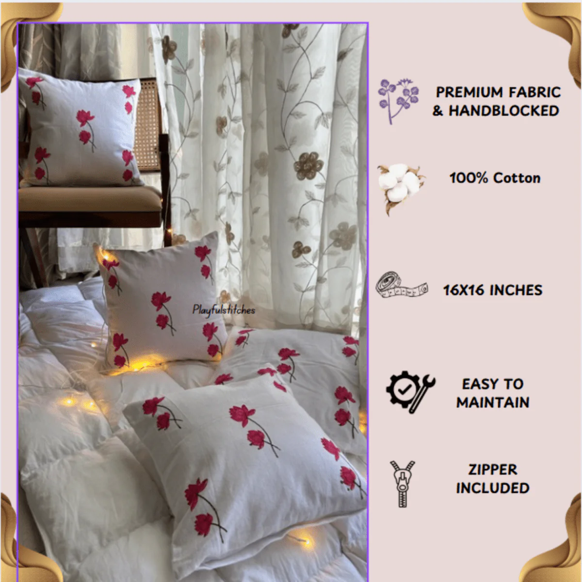 Lotus Handblock Cotton Cushion Covers with Zipper- Set of 4 - Image 5
