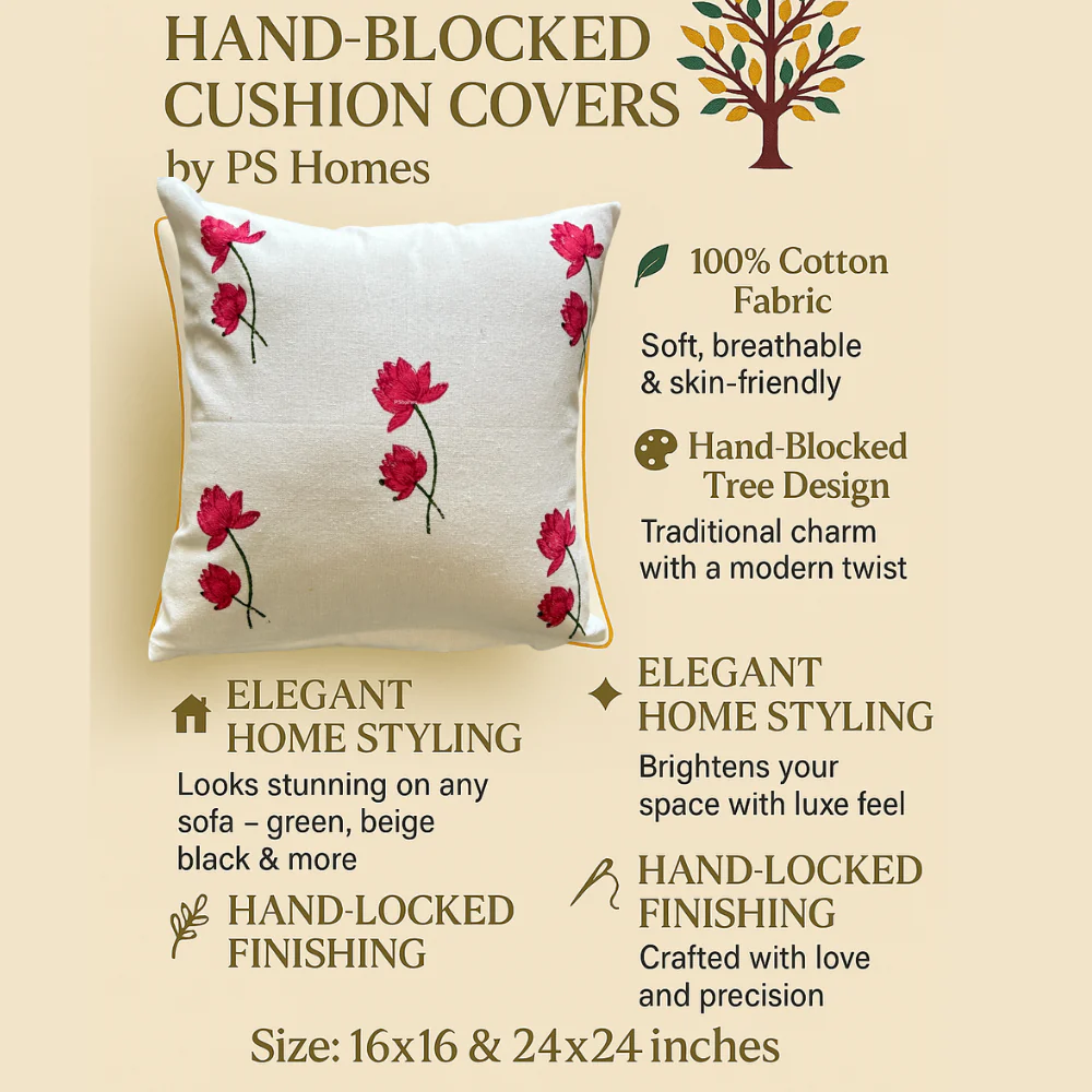 Lotus Handblock Cotton Cushion Covers with Zipper- Set of 4 - Image 7