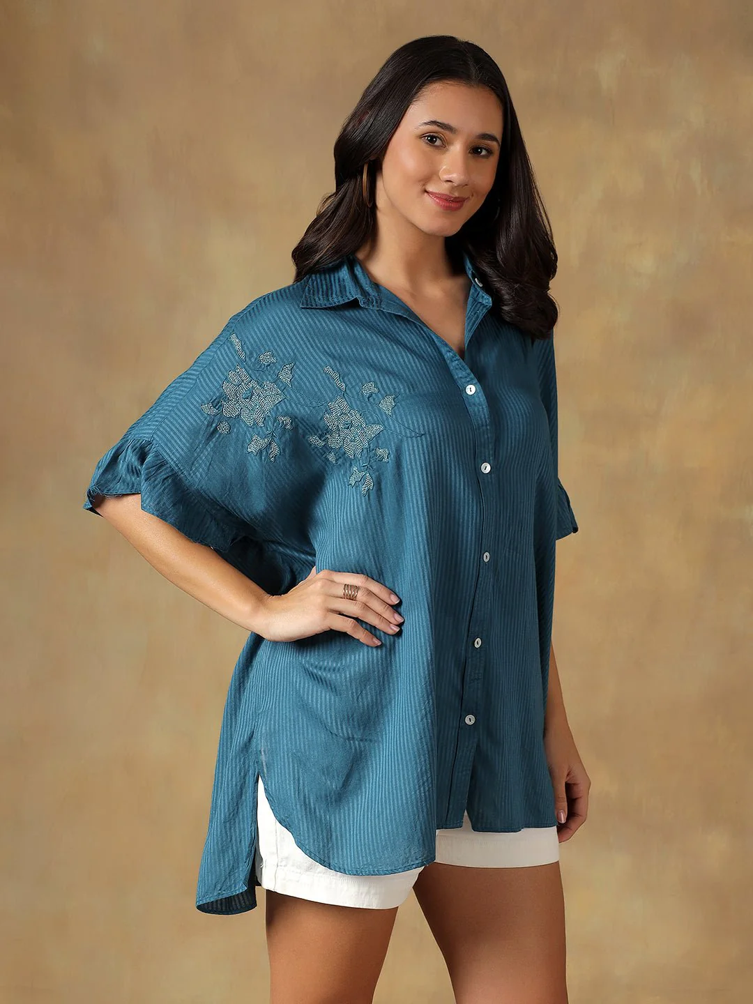 Lucknowi Chikankari Oversize Shirt | Hand Embroidered Cotton Shirt - Image 12