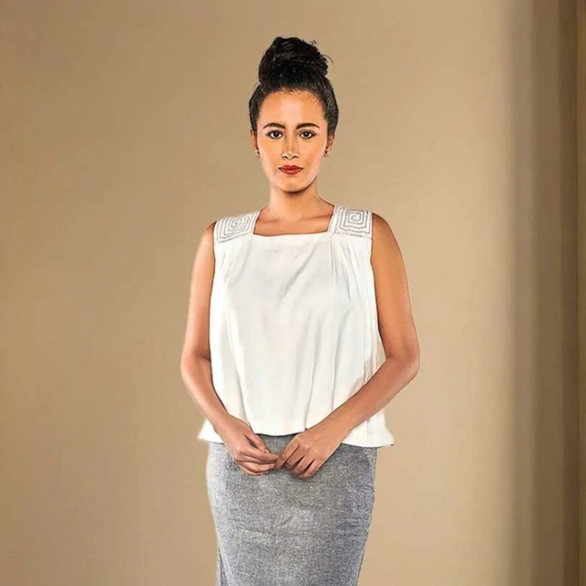 Lyra White Tencel Embroidered Shoulder Top