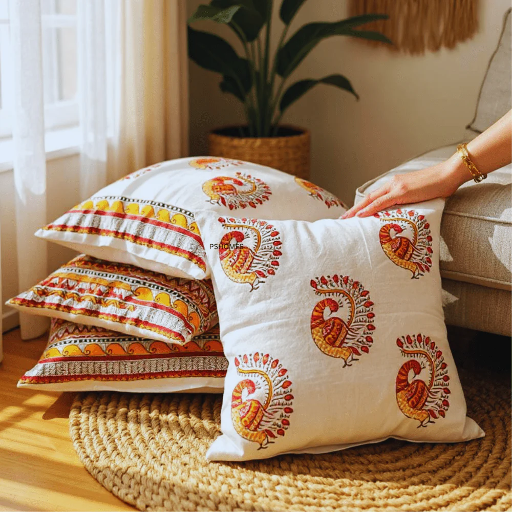 Madhubani Cotton Cushion Covers with Zipper - Set of 4 - 16x16 inch