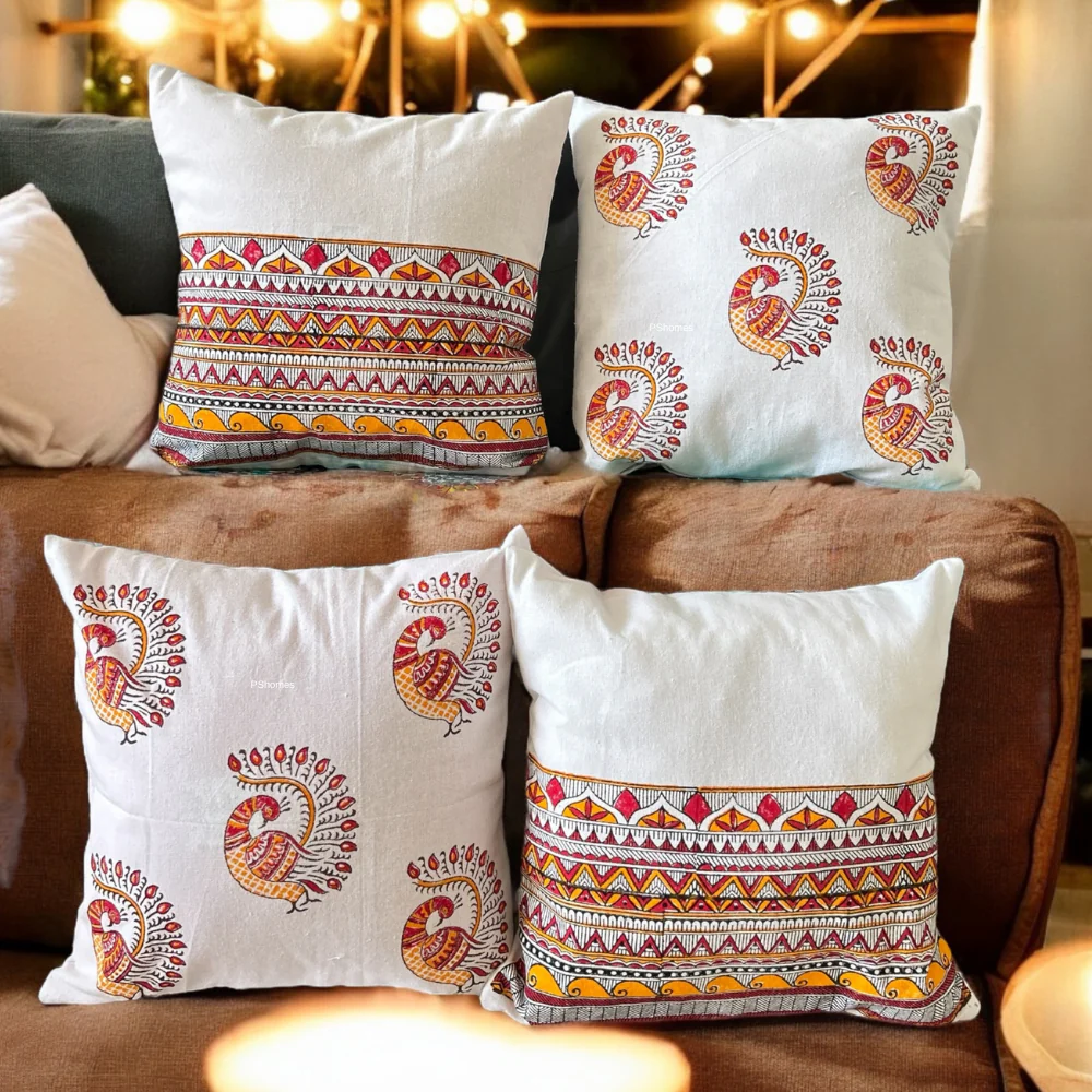 Madhubani Cotton Cushion Covers with Zipper - Set of 4 - 16x16 inch - Image 2